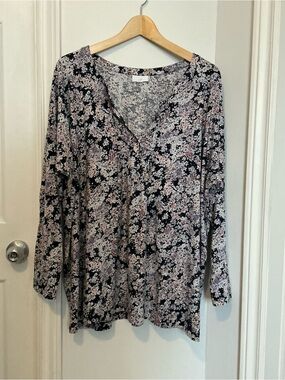 J. Jill Floral V-Neck Long Sleeve Tunic Top in Navy and Pink Size 3X